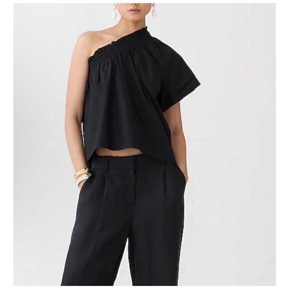 NWT J. Crew Black Smocked Ruffle Short Sleeve One Shoulder Crop Top Size XXL - Picture 1 of 6